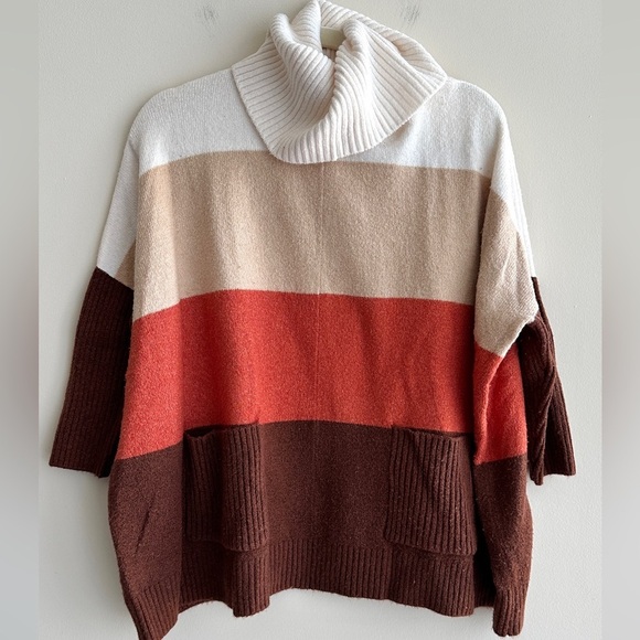 LOFT Tri Colorblock Cowl Neck Sweater, Cream/Tan/Orange/Brown, Size Small - Picture 2 of 16